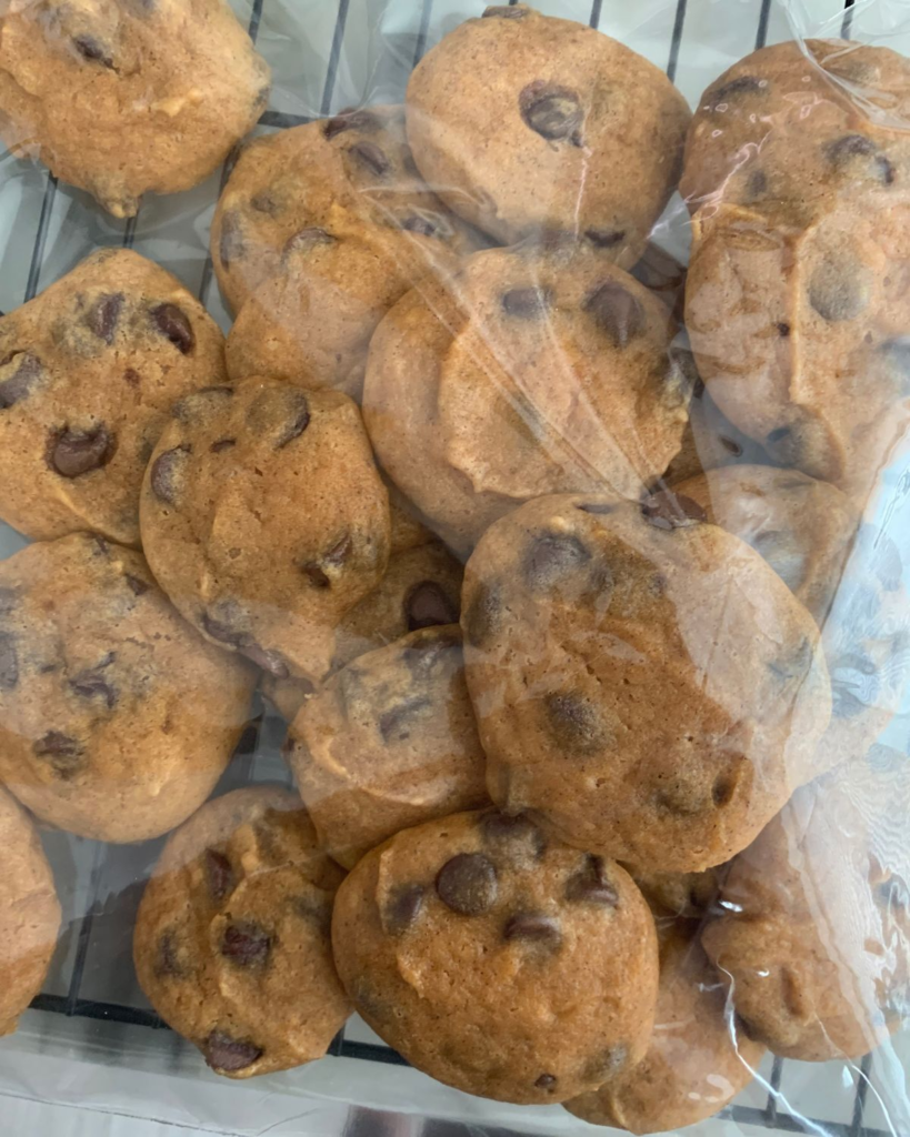 Homemade pumpkin chocolate chip cookies stored in a resealable bag