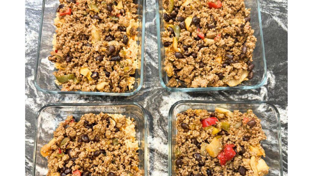 Taco bowls made from prepped ground beef during our weekly dinner rotation