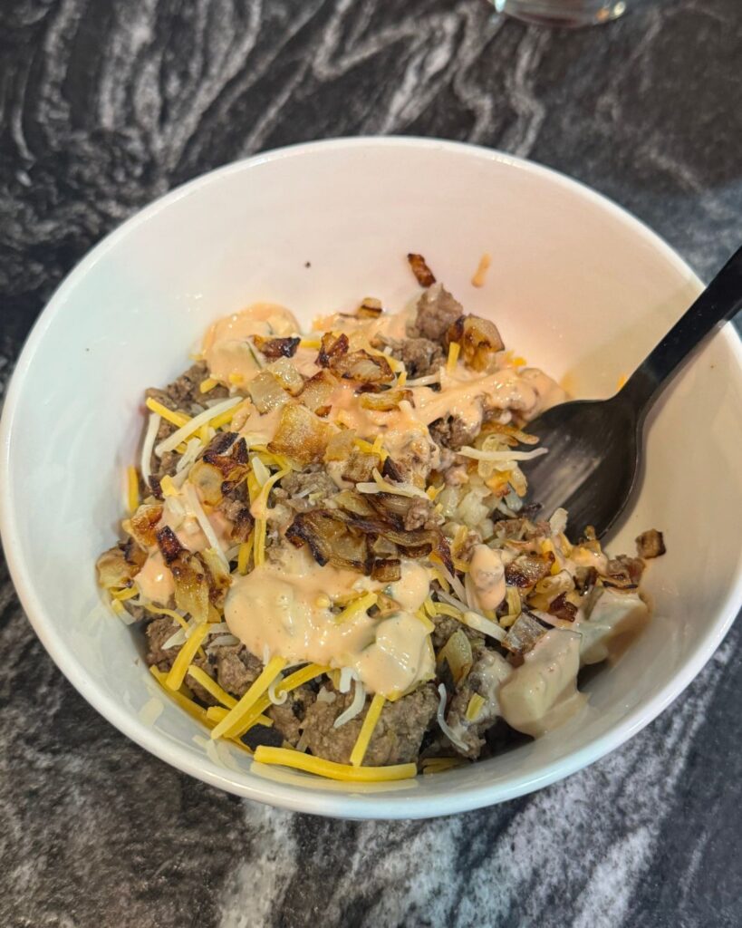 easy high protein burger bowls with ground beef, rice, and toppings for a quick family dinner