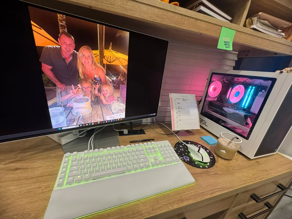 Work-from-home desk setup during a realistic day in the life of a mom of two