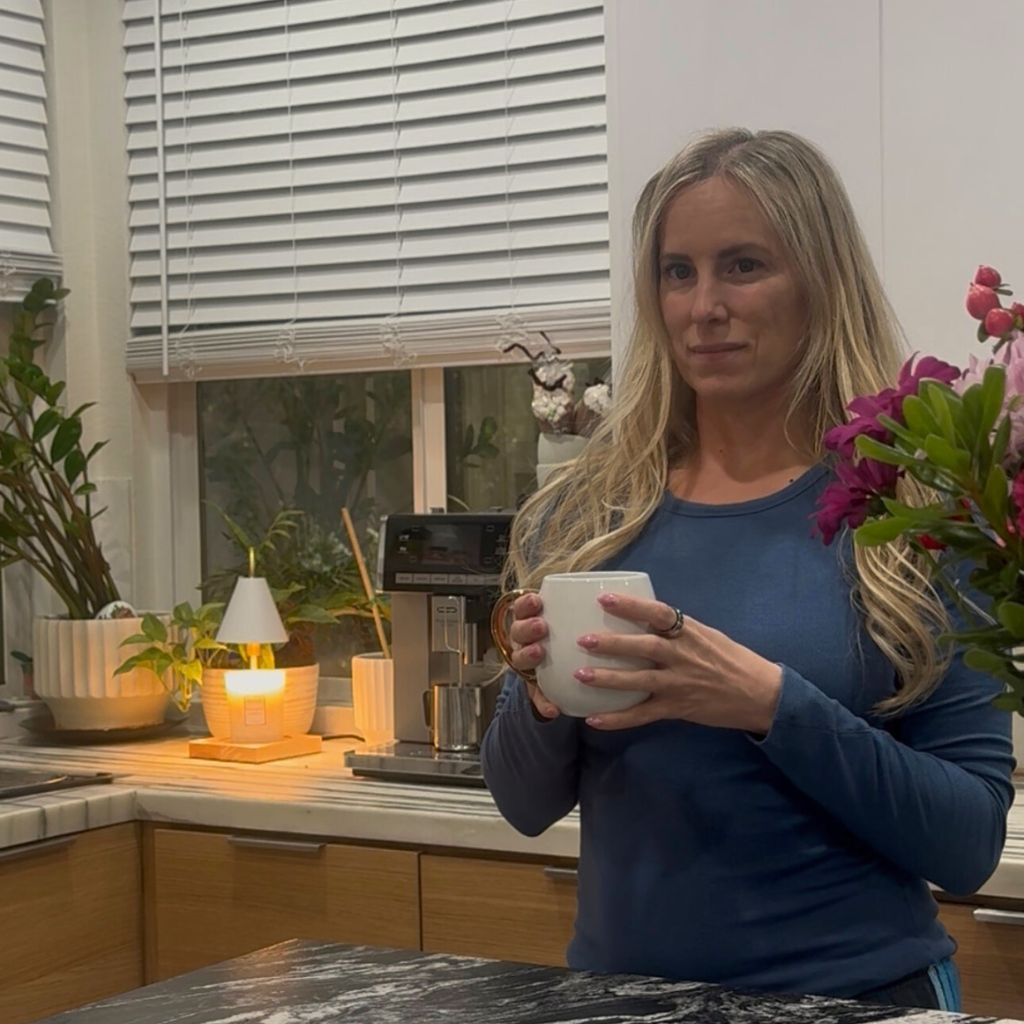 Morning coffee at home during a realistic day in the life of a mom of two