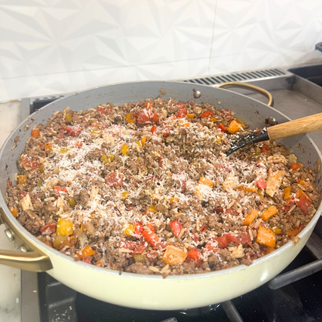 unstuffed pepper skillet with ground beef rice bell peppers and parmesan cheese