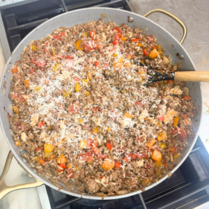 unstuffed pepper skillet with ground beef rice bell peppers and parmesan cheese
