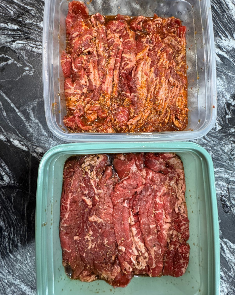 Thin sliced shabu shabu beef marinating before grilling.