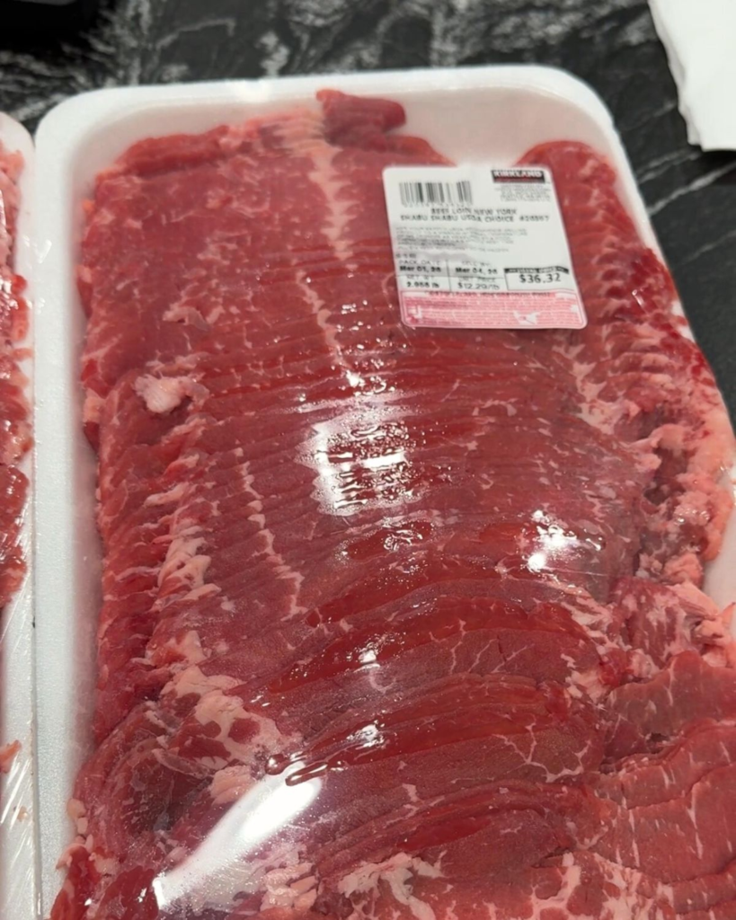 Thin sliced shabu shabu beef in costco package