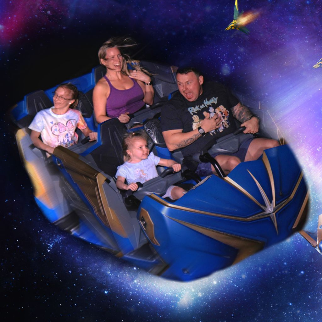 Family ride photo on Guardians of the Galaxy Cosmic Rewind roller coaster at EPCOT