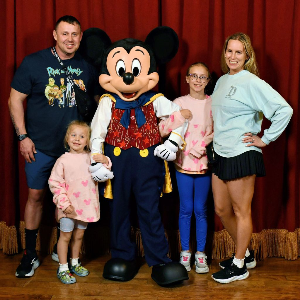 Family meeting Mickey Mouse character during a Walt Disney World park day