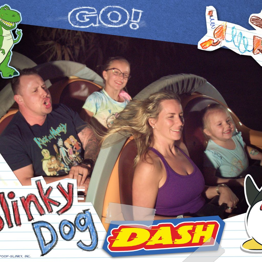 Family riding Slinky Dog Dash roller coaster in Toy Story Land at Hollywood Studios