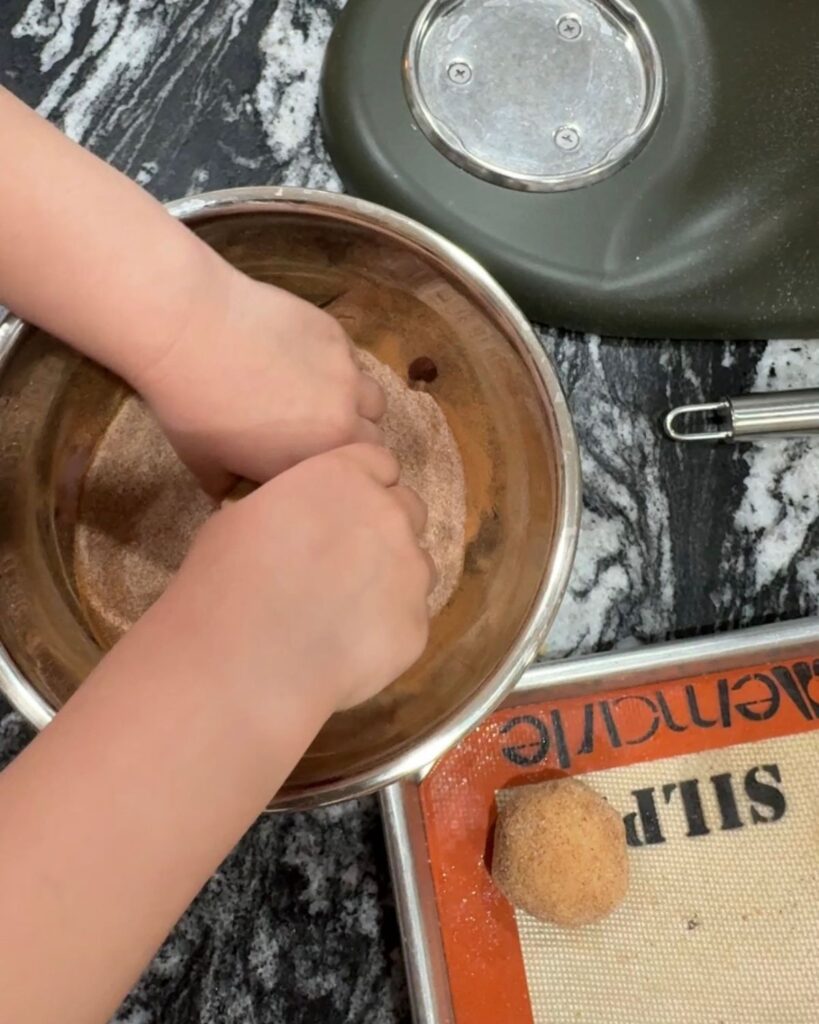 Snickerdoodle cookie dough rolled in cinnamon sugar before baking