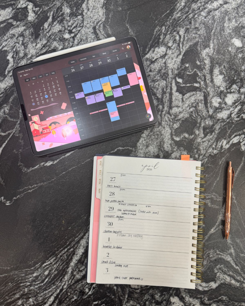 weekly planning during a Sunday reset routine using a planner and digital calendar