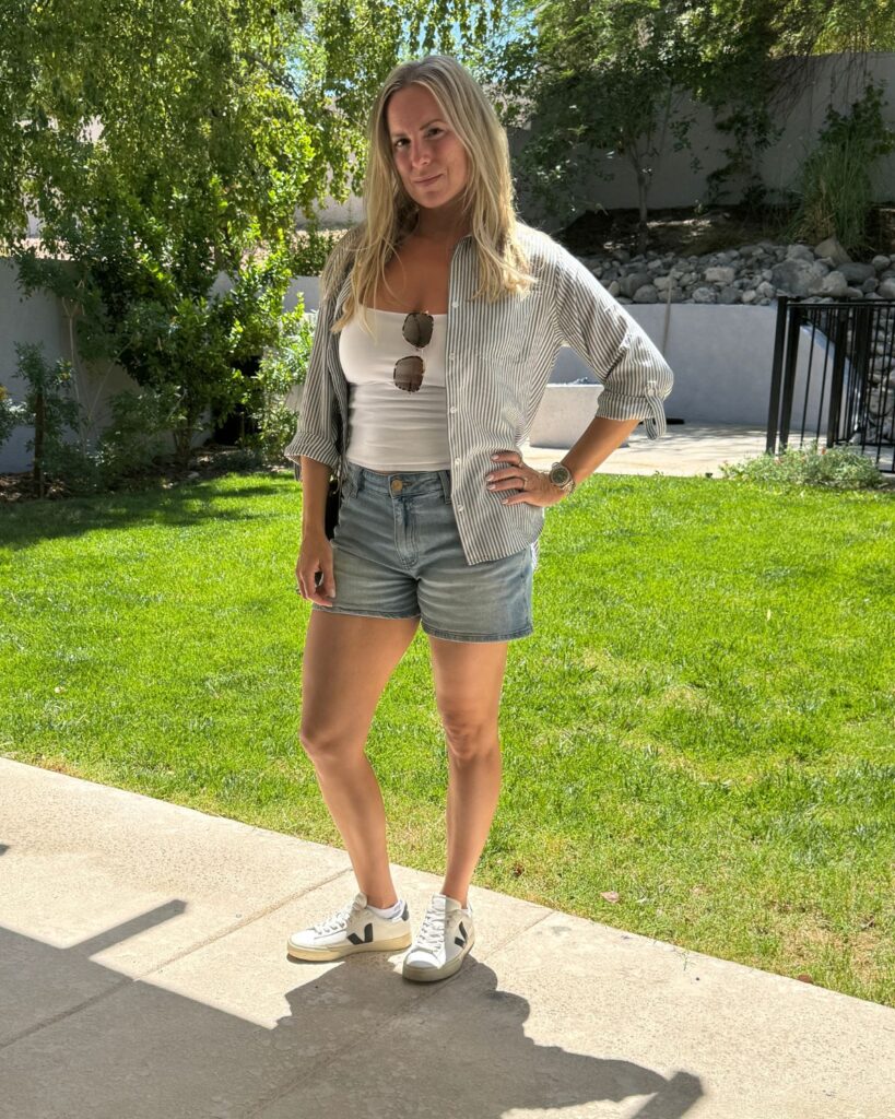 shorts + tank + button up mom outfit