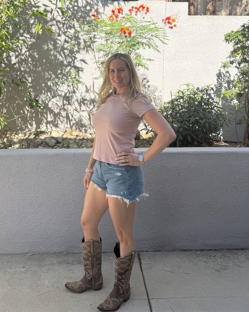 mom shorts + cowboy boots outfit