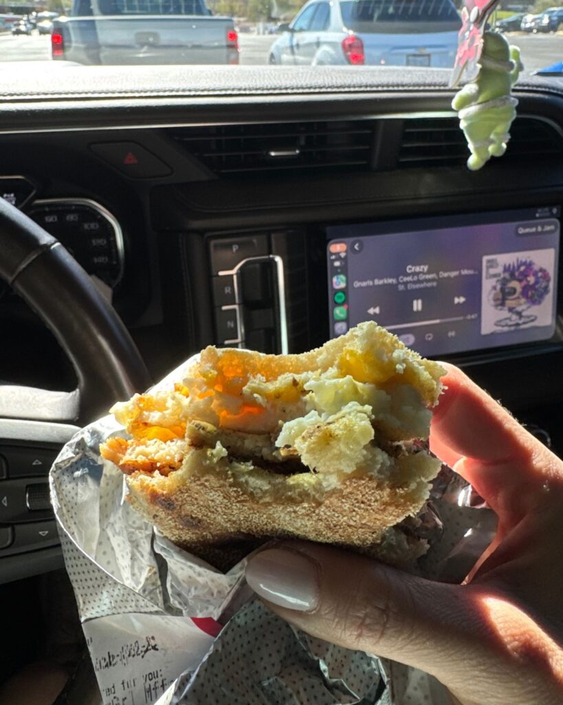 Chick-fil-A breakfast sandwich eaten in the car as a quick high protein breakfast for busy mornings