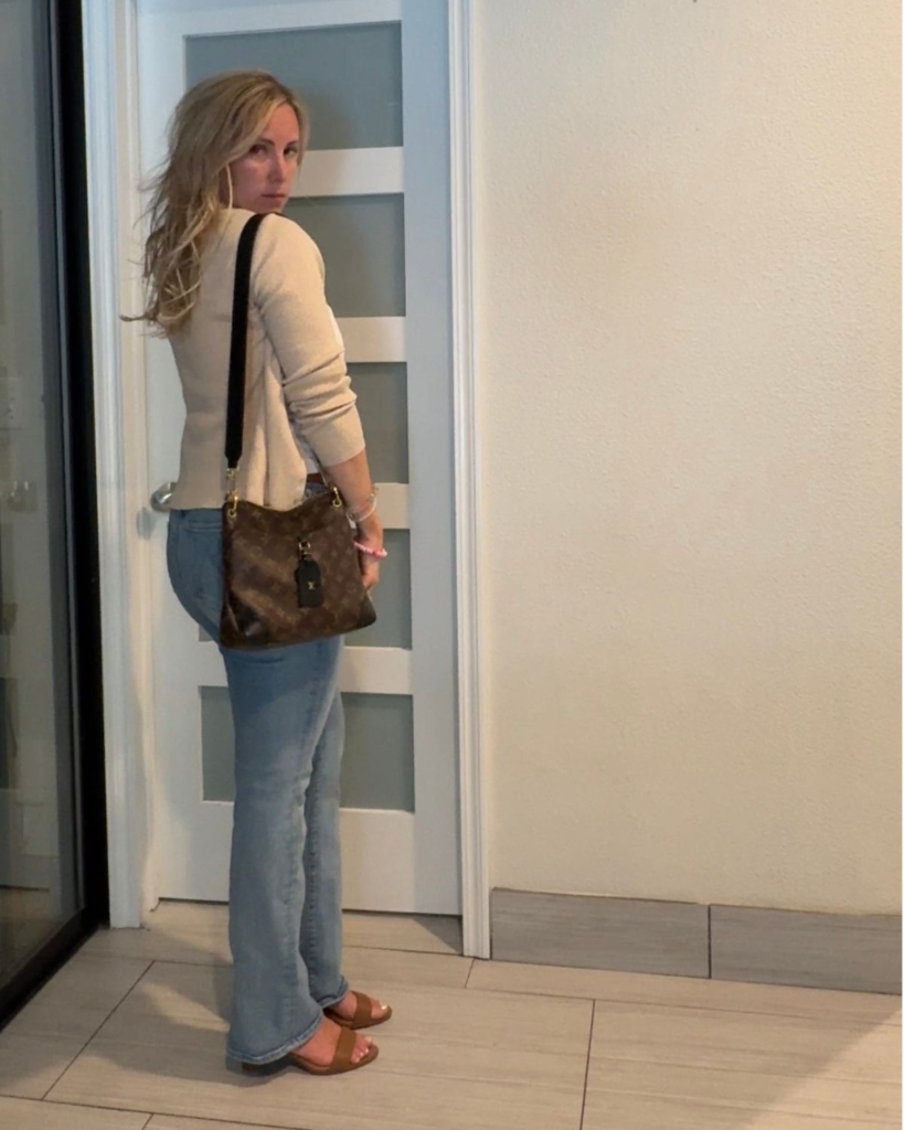 elevated mom style with mother jeans and neutral cardigan