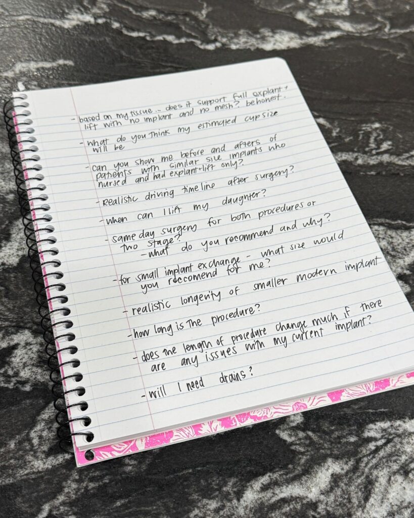 Notebook filled with questions prepared for a breast lift and implant exchange consultation.