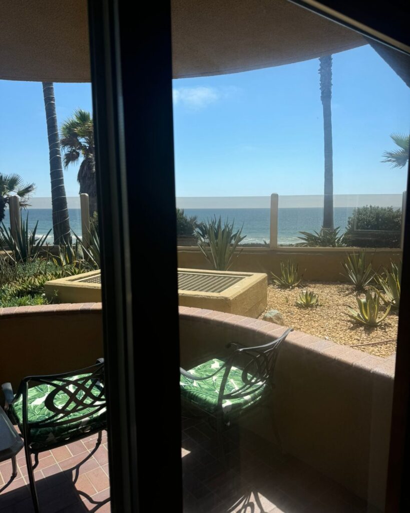 Ocean view from the private patio of a Family Suite at Pacific Terrace Hotel.