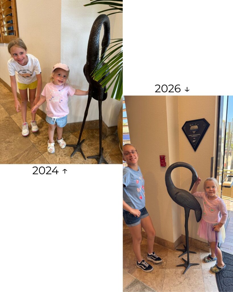 Side-by-side comparison of the girls at the Pacific Terrace Hotel entrance in 2024 and 2026.