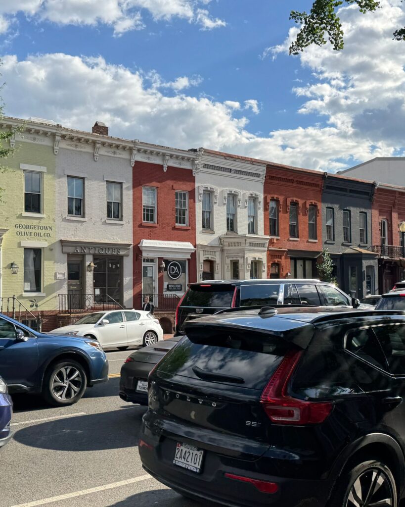 Historic brick buildings and charming streets in Georgetown, Washington DC.