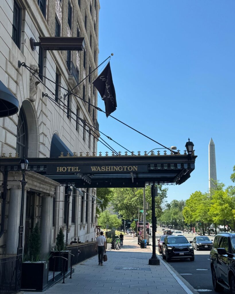 Exterior entrance of Hotel Washington near the White House in Washington DC.