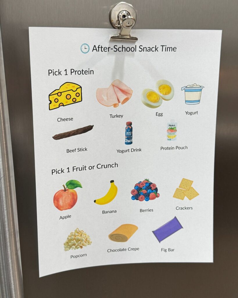 After-school snack chart with protein, fruit and crunchy snack choices for kids