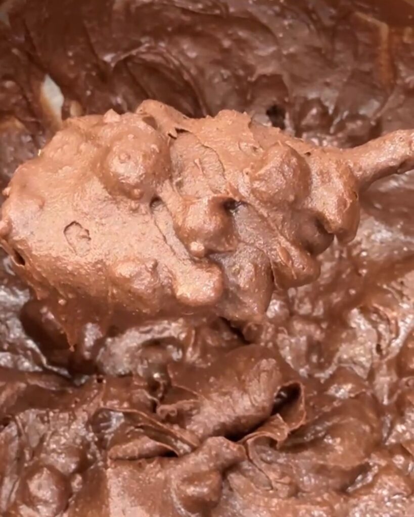 Thick chocolate brownie batter with chocolate chips mixed in before baking.