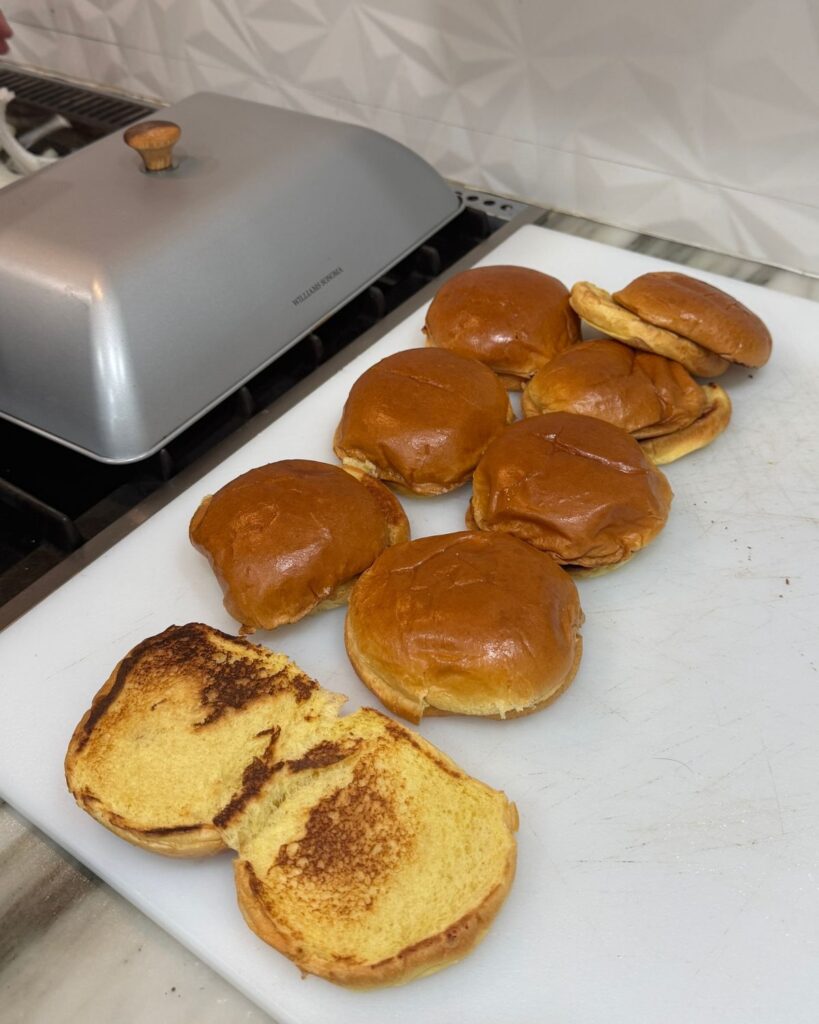 Brioche hamburger buns toasted until golden brown for homemade smash burgers