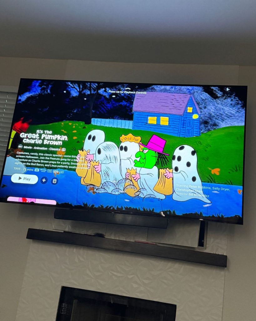 It's the Great Pumpkin, Charlie Brown playing on a television for family movie night