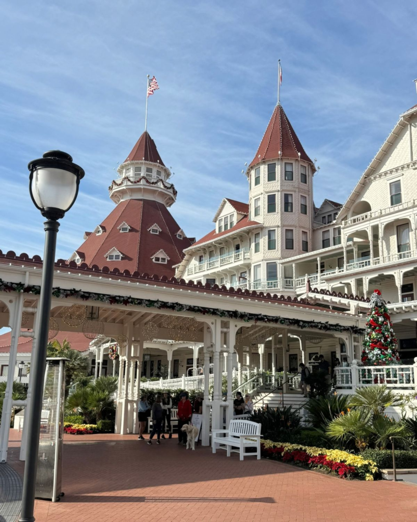 Historic Hotel Del Coronado exterior with its red-roofed towers and white veranda