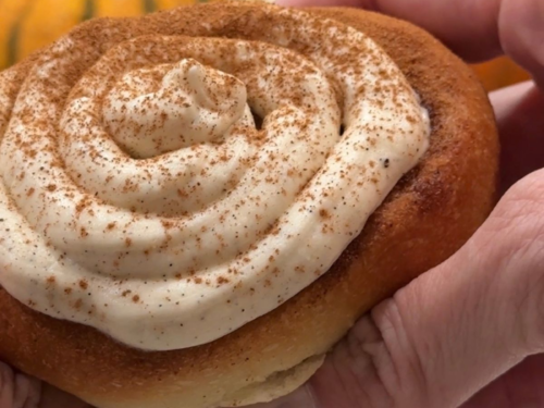 Homemade cinnamon roll topped with cream cheese frosting and cinnamon